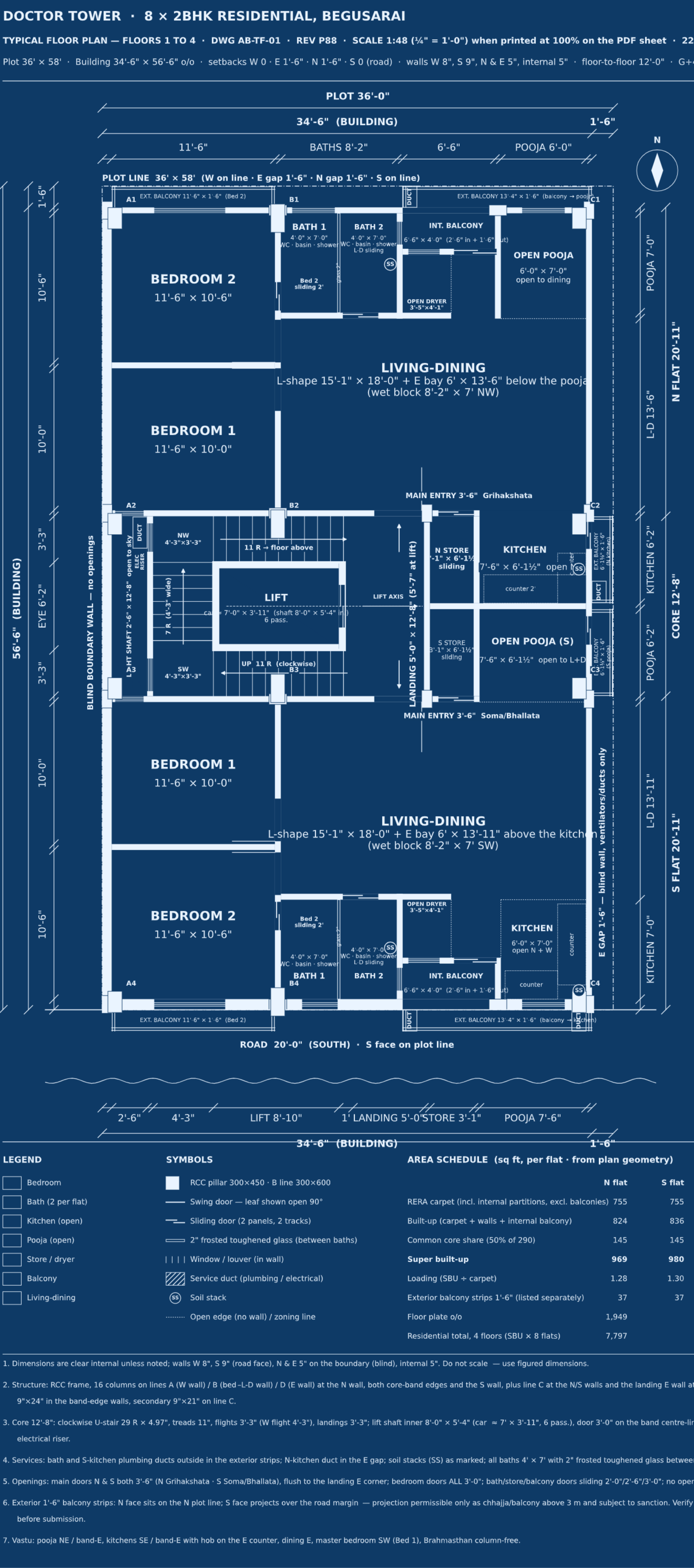 Typical floor blueprint of the building with its area schedule.