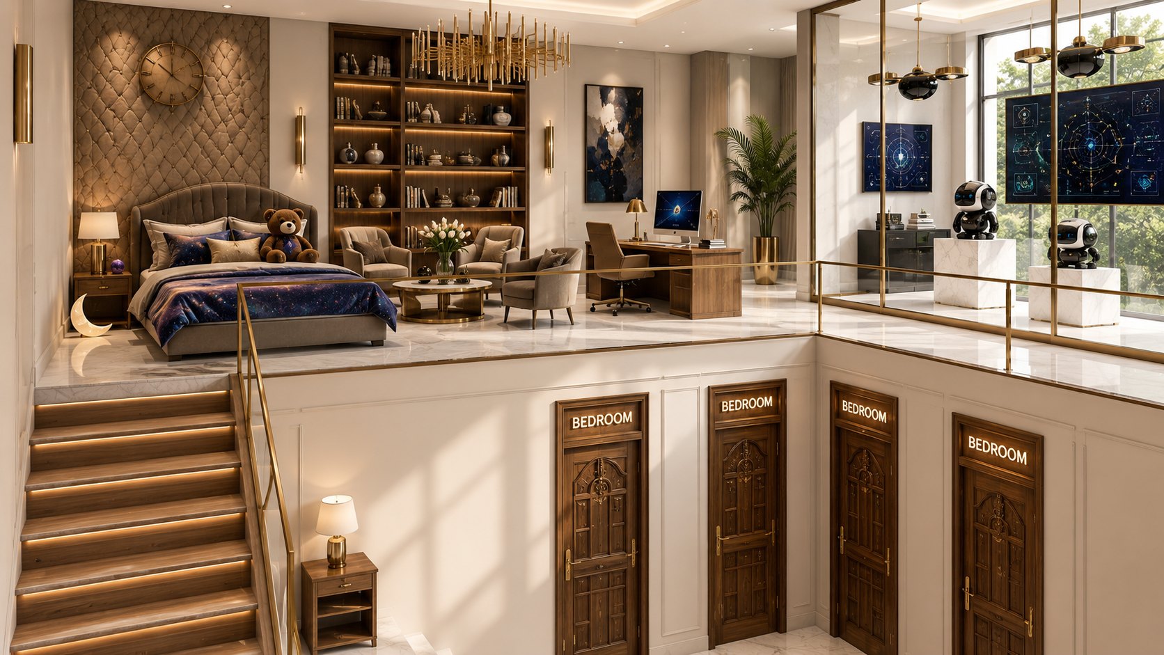 Interior concept of the walkable storage loft above the bath block, reached by its own stair.