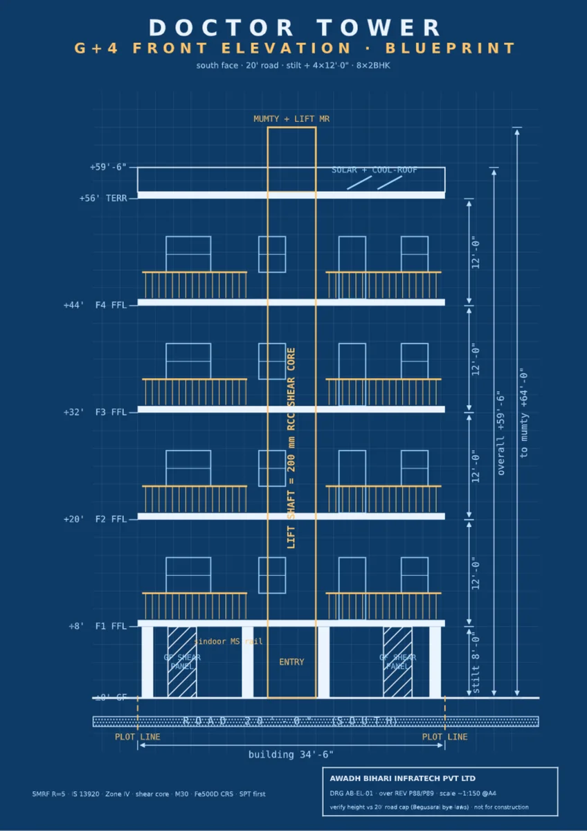 Front elevation blueprint — tap to open the full drawing