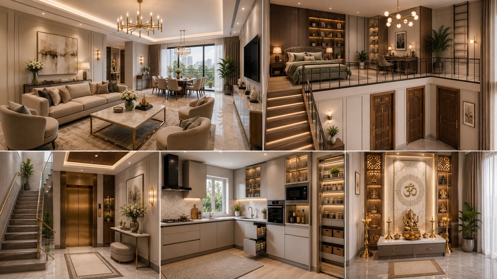 Montage of the P89 interior concepts — living, loft, stair, kitchen, wardrobe and pooja.
