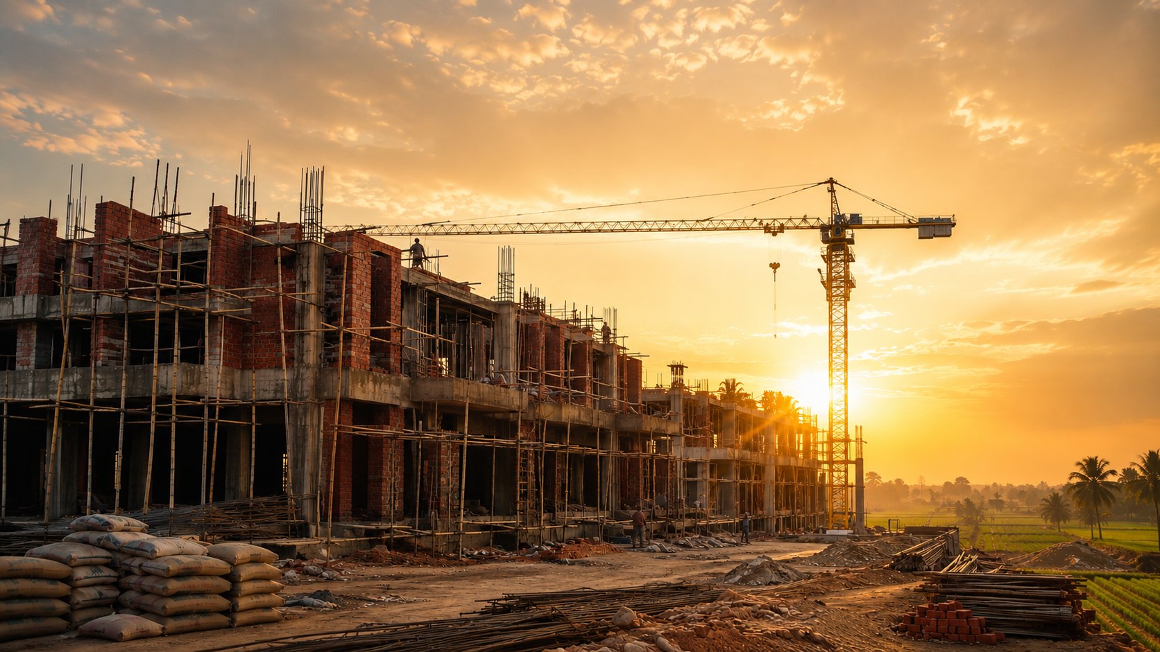 An RCC frame under construction at sunset — representative image.