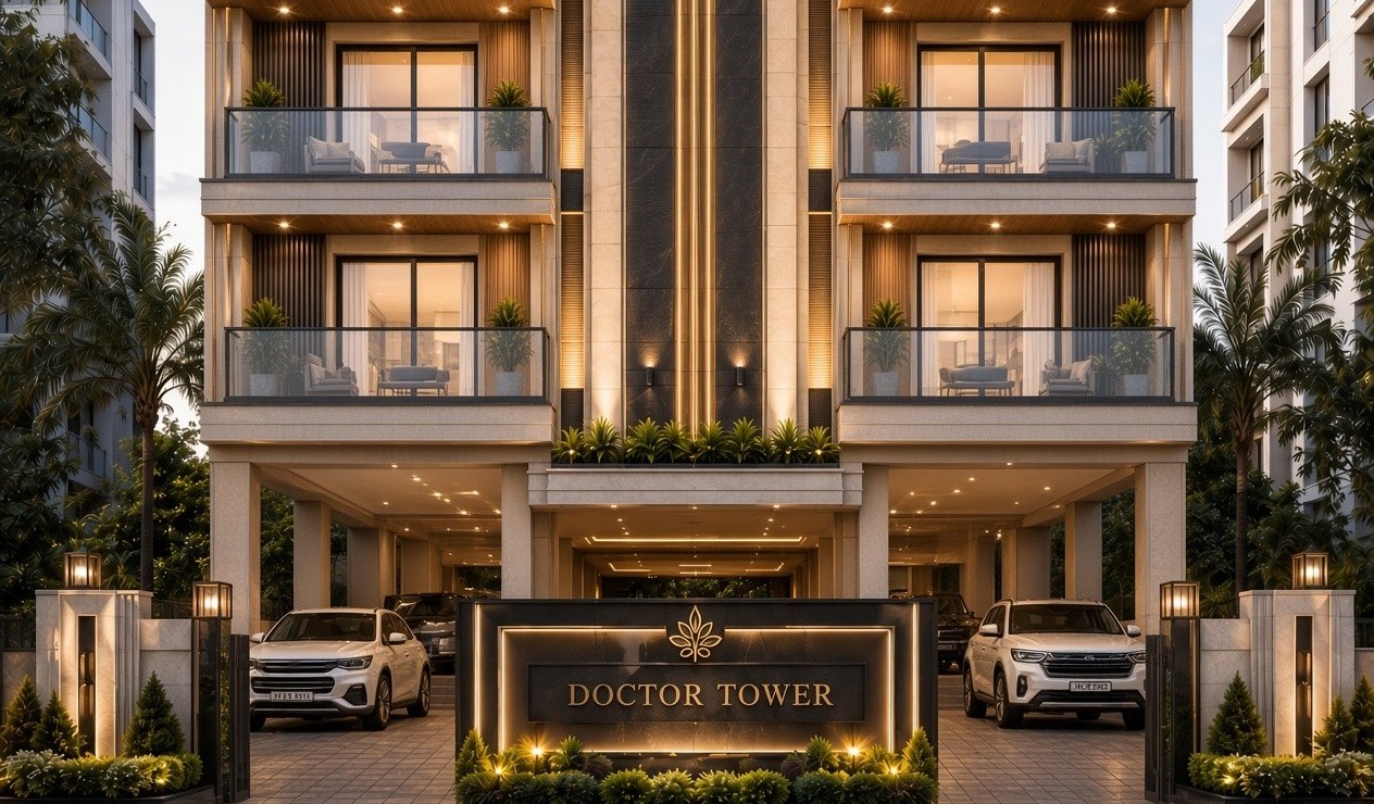 The frontage at street level — gate, stilt court and planting on the 20-foot road; artist's impression.